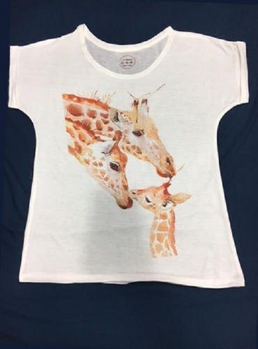 White Shrink Resistance Skin Friendliness Cotton Half Sleeves And Round Neck Animal Printed Ladies Top