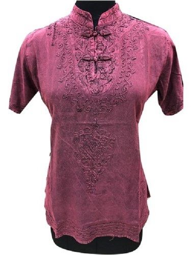 Smooth Texture Tear Resistance Lightweight And Breathable Magenta Embroidered Rayon Ladies Top