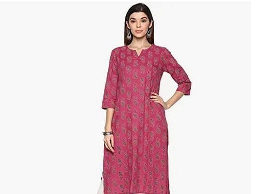 100% Cotton Fabric Dark Pink Color Printed V-Neck And Mega Sleeves Ladies Kurti Decoration Material: Beads