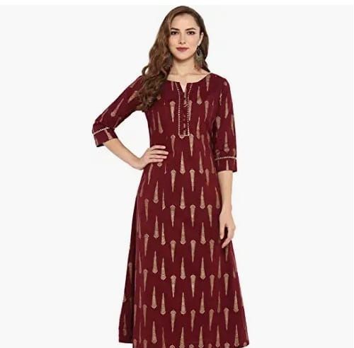 100% Cotton Fabric Maroon Color Mega Sleeves Round Neck Ladies Kurti