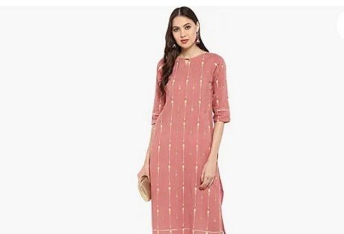 100% Cotton Fabric Pink Color Lining Golden Strips Mega Sleeves And Round Neck Ladies Kurtis Decoration Material: Beads