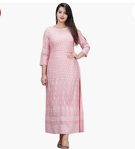 100% Cotton Fabric Pink Color Mega Sleeves Round Neck Ladies Kurtis