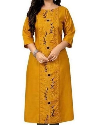 100% Cotton Fabric Yellow Color Full Sleeves Round Neck Ladies Krutis