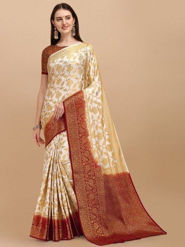 Party Wear White And Red Color With Designer Print Devangi Kanchipuram Silk Saree