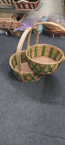 Handcrafted Green Line Brown Color Plain Cane Round Baskets for Gifting Purpose