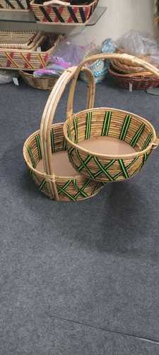 Handcrafted Green Line Brown Color Plain Cane Round Baskets For Gifting Purpose Depth: 3 Inch (In)