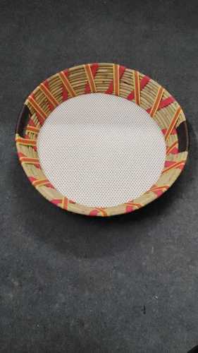 Brown Handcrafted Red An White Color Plain Designer Round Cane Basket