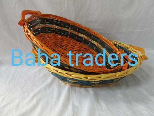 Brown Handcrafted Yellow Green Color Plain Cane Basket Set With Handle