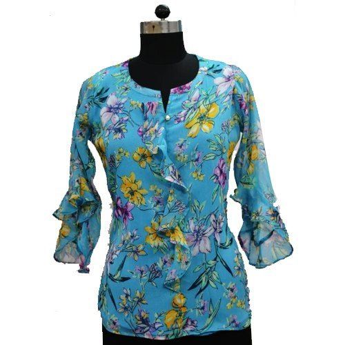 Summer Ladies Casual Flutter Sleeves Round-Neck Blue Printed Georgette Tops