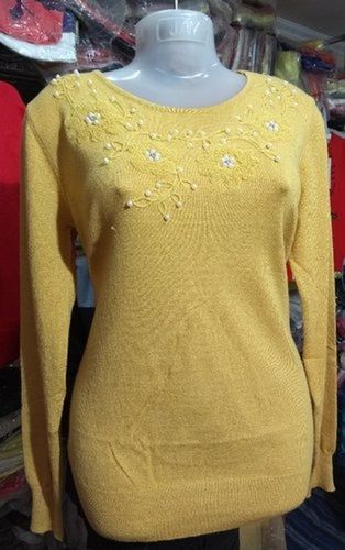 Woolen Ladies Casual Full Sleeves Round-Neck Golden 100% Pure Wool Knitting Top