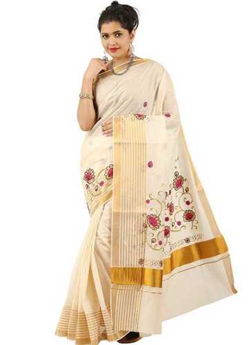 Bollywood Ladies Casual Wear White Embroidered 100% Pure Cotton Silk Blend Saree