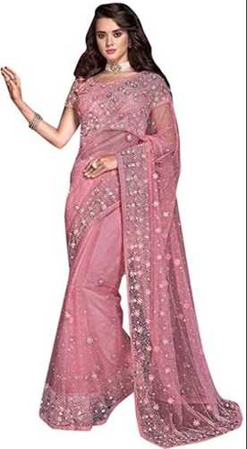 Ladies Skin Friendly Crystal And Cut Work Pink Designer Net Bridal Saree