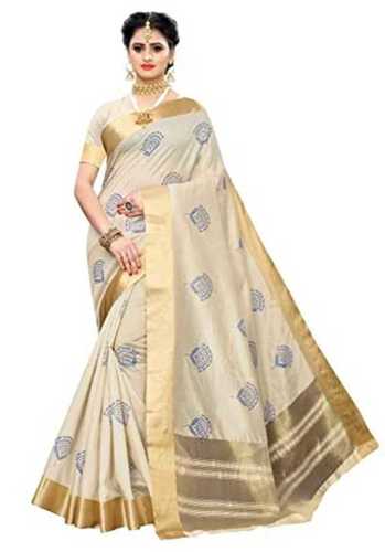 Ladies Wedding Wear Off White Printed Heavy Banarasi 100% Art Silk Saree 