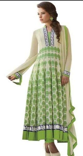 Ladies Party Wear Long Sleeves Green And White Printed Long Frocks Bust Size: 8 Inch (In)