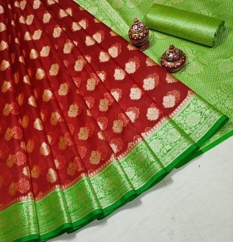 Red And Green Party Wear Skin Friendly Printed Banarasi Cotton Silk Saree