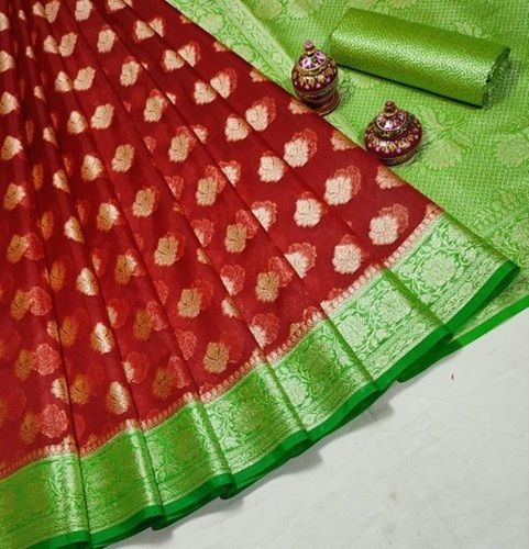 Winter Red And Green Party Wear Skin Friendly Printed Banarasi Cotton Silk Saree