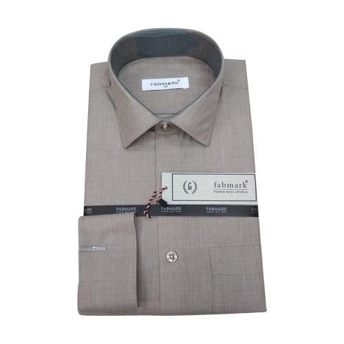 Fine Finish Plain Grey Color Full Sleeve Fabmark Men'S Cotton Shirt Collar Style: Classic