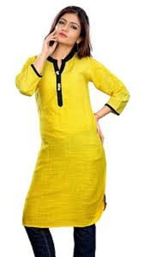 Women'S 100 Percent Cotton Fabric ,3/4Th Sleeves And Yellow Straight Kurti  Decoration Material: Beads