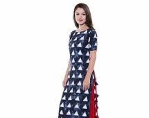 Blue Women'S 100 Percent Cotton Fabric Printed Short Sleeves And Round Neck Kurti 