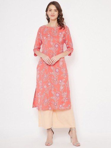 Indian 100% Rayon Fabric Light Pink Color Ladies Coral Red Embroidered Kurti Palazzo Set