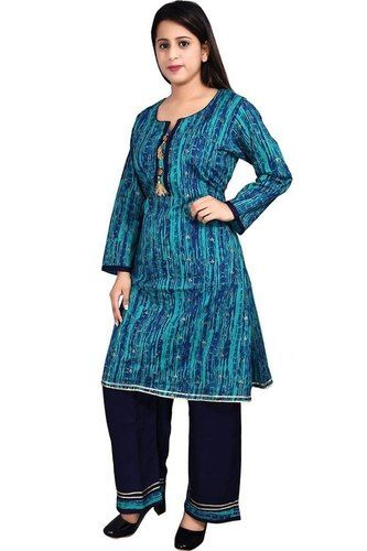 Comfortable And Appealing Stitched Blue And Black Color Rayon Fabric Kurti Palazzo Set