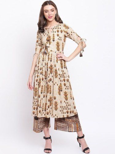 Comfortable and Latest Design Brown Color Comfortable Rayon Printed Kurti With Palazzo 