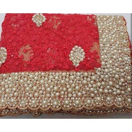 Cotton Silk Comfortable Red Stone Work Beautiful Pearls Beaded Fancy Designer Saree