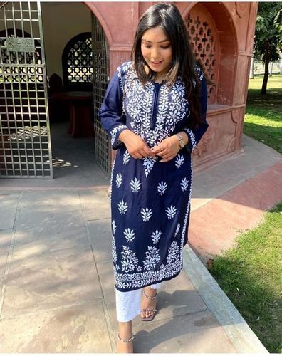 Indian Dark Blue And White Full Sleeves Round Neck Embroidery Palazzo Suit For Ladies