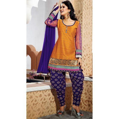 Ladies Blue Mustard Color Full Sleeves Chanderi Silk Salwar Suit With Dupatta