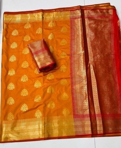 Printed Orange And Red Party Wear 100% Pure Art Silk Saree With Golden Zari Work