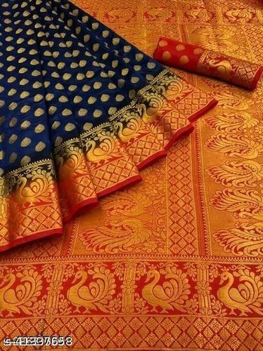 Ethnic Junctions Blue Soft Banarasi Silk Saree with Golden Zari Weavin