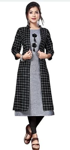  Collard Neck 3/4Th Sleeve Regular Fit Long Checked Straight Kurta For Ladies Bust Size: 32 Inch (In)