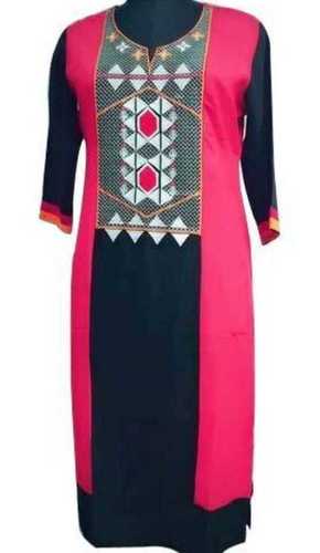 Multicolor  Round Neck 3/4Th Sleeve Printed Regular Fit Long Straight Kurti For Womens