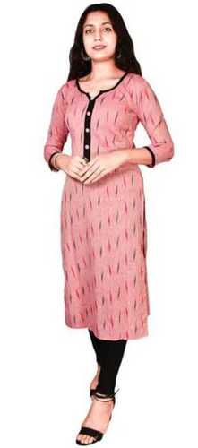 Red  Round Neck 3/4Th Sleeve Printed Regular Fit Long Straight Pink Kurti For Ladies