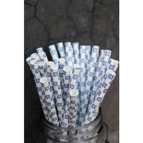 Eco Friendly Disposable Blue Color Printed Paper Straw For Event And Party Supplies