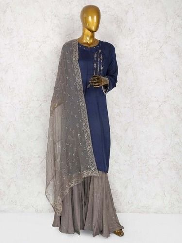 Party Wear Full Sleeves Designer Rayon Palazzo Suit With Blue And Grey Color And Round Neck 