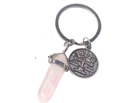 Round Pink Color Crystal Stainless Steel Key Ring With Zodiac Sign Coin For Promotional And Corporate Gifting