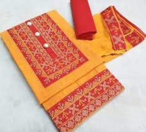 Printed Unstitched Suit For Ladies With Dupatta And Yellow And Red Color