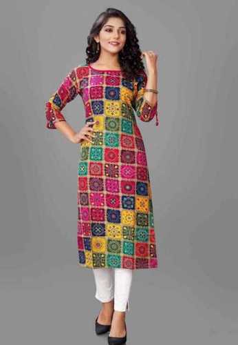 Multicolour Round Neck 3/4Th Sleeve Block Printed Regular Fit Long Straight Kurti For Ladies