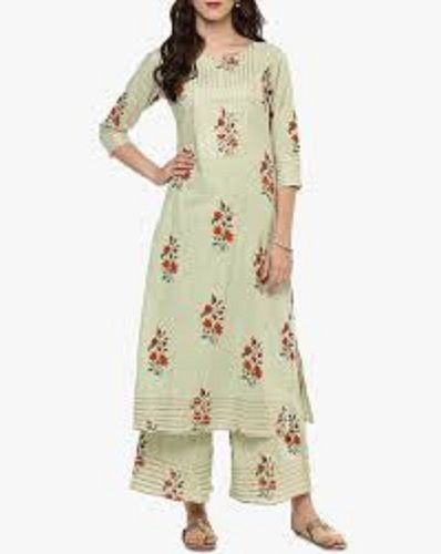 Lite Green Shrink Resistance Skin Friendliness Cotton Light Weight Printed Straight Ladies Palazzo Suit