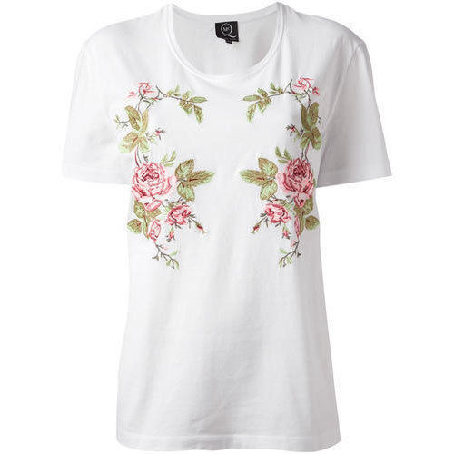 Woolen White Color Floral Print Design Ladies T Shirt With Round Neck And Short Sleeves