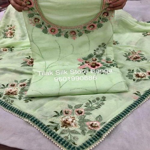 Women'S Light Green Embroidery Work Stylish Suits Decoration Material: Laces