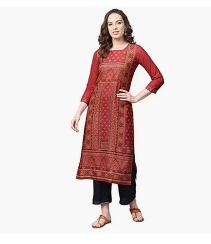 Women's Light Weight Rayon Straight Printed Red Kurti With Black Palazzo Pant 