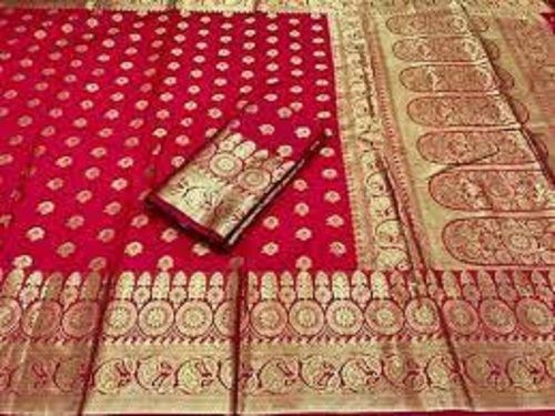 Cotton Silk Women'S Simple And Beautiful Look Banarasi Red Saree With Unstitched Blouse