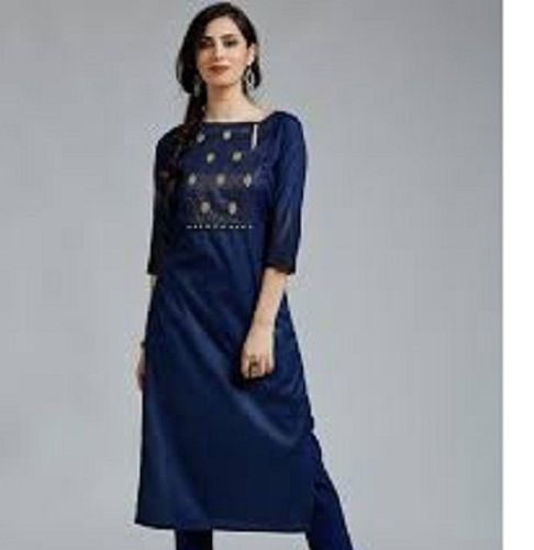 Navy Blue Color Fancy Cotton Denim Ladies Kurti For Party Wear, Casual Wear Decoration Material: Beads