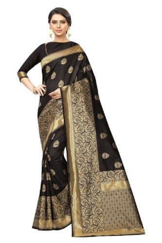 Cotton Silk Party Wear Printed Ladies Black Designer Banarasi Saree With Blouse Piece