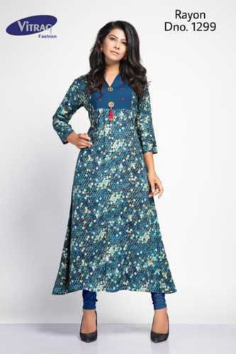 100 Percent Attractive Blue Color Comfortable And Washable Printed Rayon Kurti For Ladies 