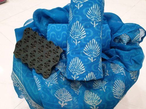 Indian 100 Percent Cotton Printed Comfortable And Washable Salwar Suit In Blue Color 