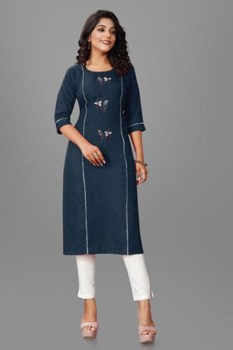 100 Percent Pure Cotton Blue Color Comfortable And Washable Designer Kurti For Ladies 