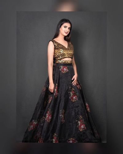 Traditional Black Color Comfortable Georgette Material Lehenga For Ladies